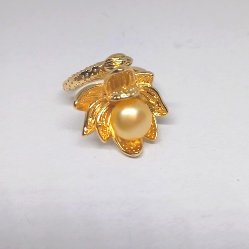 Gold Flower Pearl Statement Ring - Gold Tone